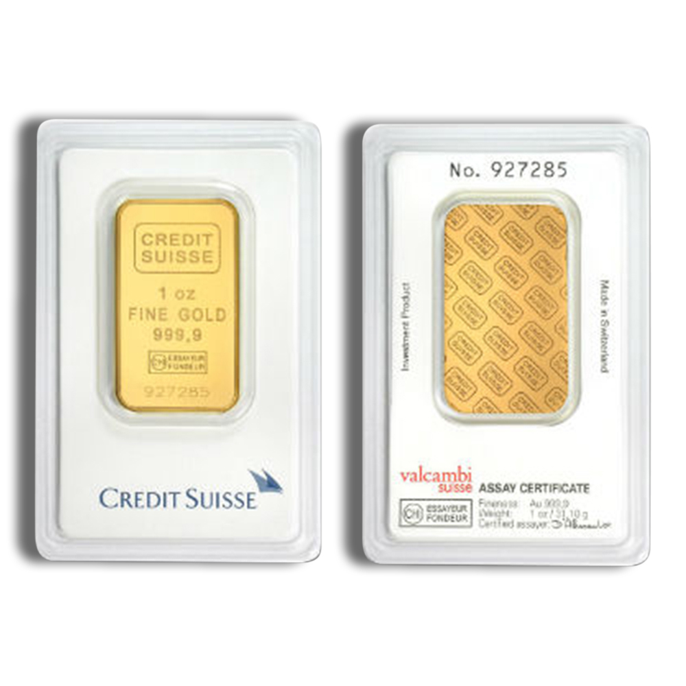 1 oz Credit Suisse gold bar with front and reverse assay-card views