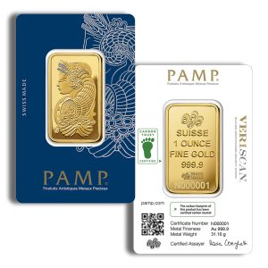 1 oz PAMP Lady Fortuna Veriscan gold bar with front and reverse assay-card views